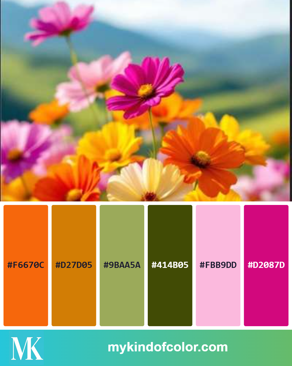 MyKindofColor palette export showing the flower photo with 6 extracted color swatches โ orange, golden yellow, sage green, dark olive, soft pink, and magenta โ with hex codes on each swatch and the MK logo bar at the bottom.