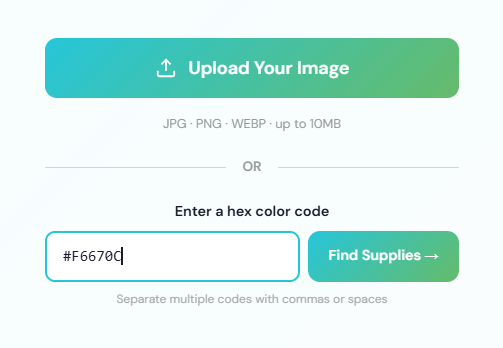 MyKindofColor interface showing the Upload Your Image button and a hex color code input field with #F6670C entered and a Find Supplies button
