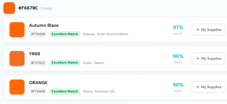 MyKindofColor cross-brand matching results for hex code #F6670C showing Autumn Blaze from Altenew at 97%, YR68 from Copic Sketch at 96%, and ORANGE from Ohuhu Honolulu 320 at 96% — all Excellent Match ratings