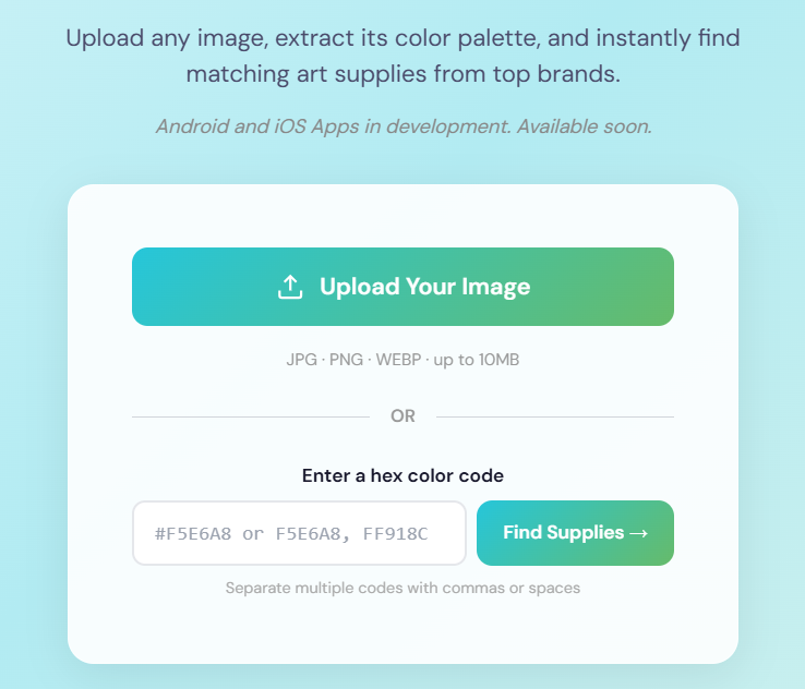 MyKindofColor interface showing image upload button and hex code input for color matching